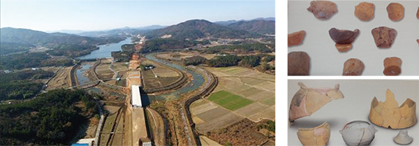보성 활천과 석평 유적은 이곳이 보성강 상류지역의 평지에 있던 마한의 대국임을 확인해주고 있다. 이들 정치체는 보성강 중류 지역에 위치한 복내 지역의 정치체와 비리국이라는 마한의 대국을 형성했다. 사진은 왼쪽부터 보성 석평 유적지 전경과 출토 토기(상), 백학제 유적 출토 토기(하).