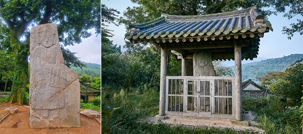 학산면 학계리 마을 입구에 세워진 석불입상이 지난해 5월 폭우로 기와 보호각이 무너져 방치돼 있다. 오른쪽 사진은 이전의 모습.