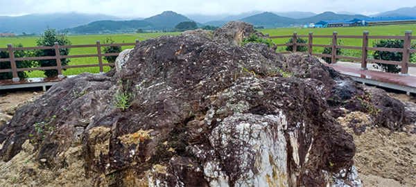 ‘백의암(白衣巖)’ 전경. 백의암은 군서면 서구림리 백암동 마을 앞 들판 한 가운데에 있다. 이 바위는 멀리서도 들녘 가운데 조그맣게 보이는 제법 큰 흰 바위다. 원래 '흰돌바위' 또는 '백암(白巖)' 혹은 '백석(白石)'이라고 불리었다. 현재 영암군에서는 백의암 주변을 정비하고 소공원을 조성하여 관리하고 있으나 답사객들을 위한 이정표 등 안내 시설이 아직 미비하여 찾기가 쉽지 않다. 